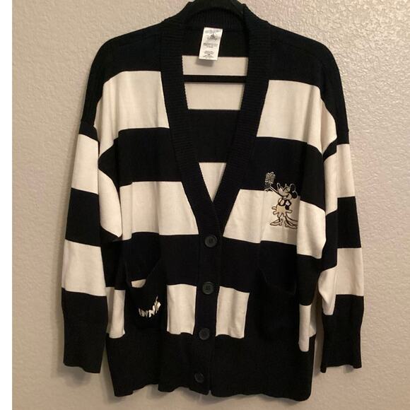 Disney Sweaters - Disney Parks Minnie Mouse Vintage Style Striped Cardigan Mickey Noir 1920s XL